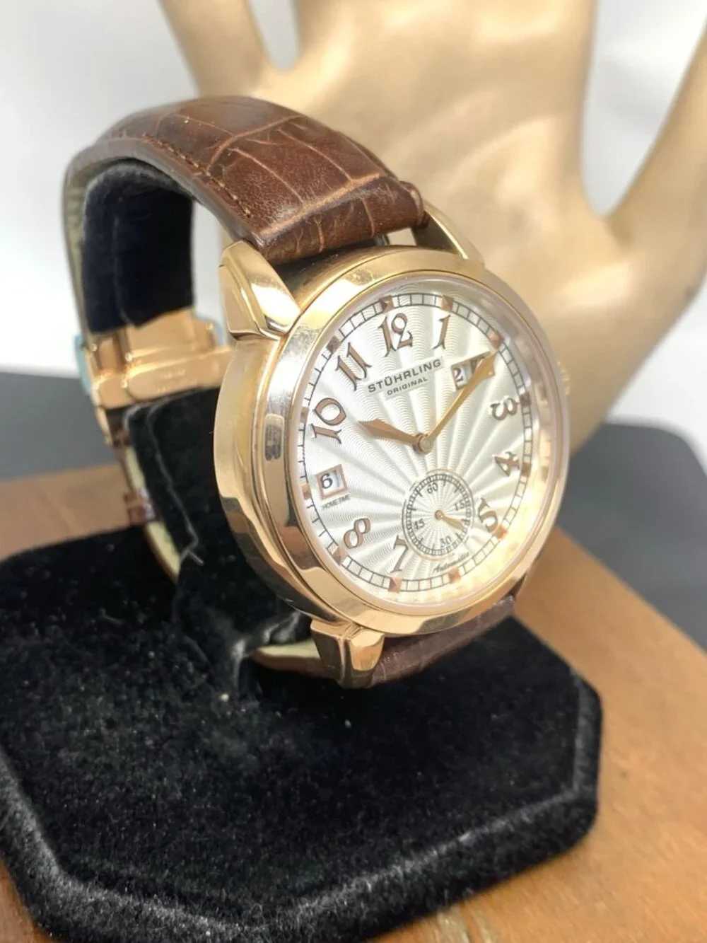 Stuhrling Men's Watch Automatic Silver Dial Rose Gold Brown Leather Strap 40mm